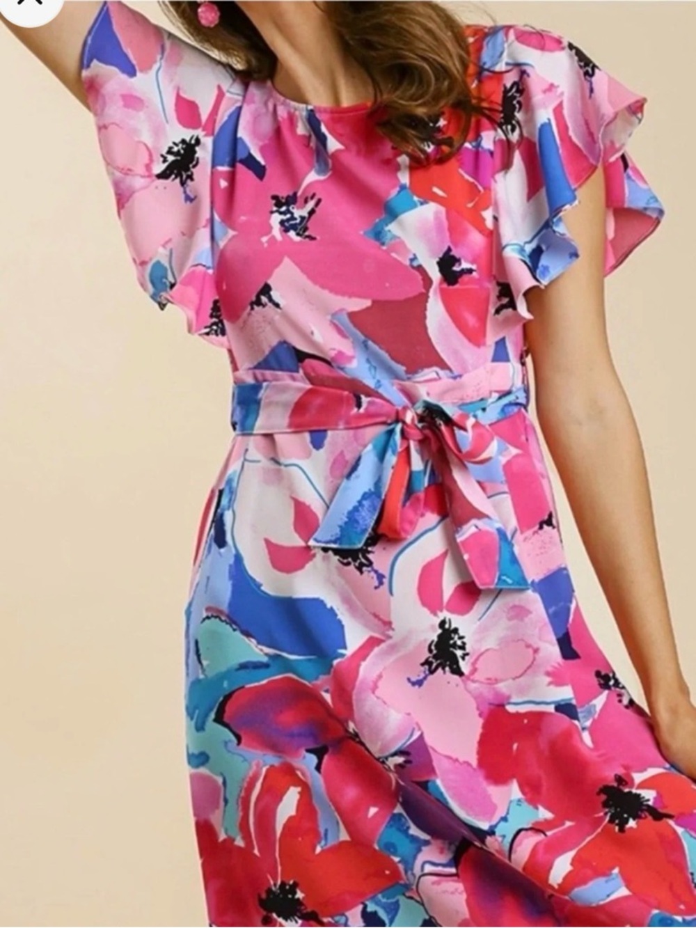 Umgee Bright Floral Belted Midi Dress Size Small